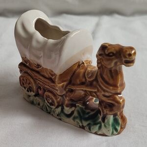 Rustic Ceramic Wagon with Horse Figurine